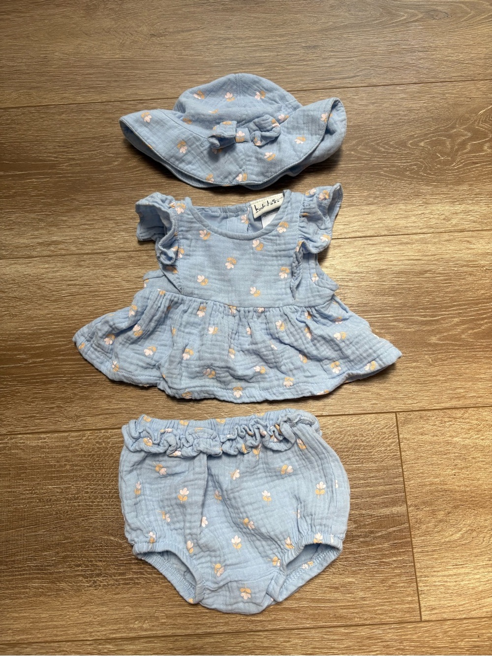 Light Blue Floral Sun Hat, Ruffle Top & Bloomers